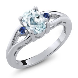 Gem Stone King 925 Sterling Silver Sky Blue Aquamarine and Blue Created Sapphire 3 Stone Engagement Ring For Women | 1.29 Cttw | Oval 8X6MM | Round 2MM | Gemstone March Birthstone | Size 7