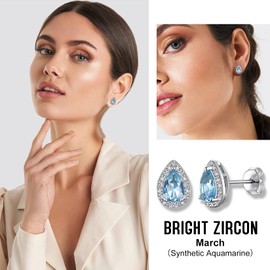 Bestyle 925 Sterling Silver Love Teardrop Cubic Zirconia Earrings March Aquamarine Birthstone Stud Earrings for Women, Hypoallergenic Earrings for Sensitive Ears