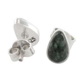NOVICA Artisan Handmade Jade Stud Earrings Green 925 Silver Teardrop from Guatemala Sterling [0.3 in L x 0.2 in W x 0.2 in D] ' Mayan Teardrops in Dark Green'