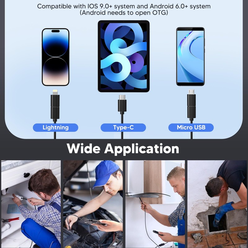 Endoscope Borescope with 8+1 Adjustable LED Lights, 11.5/16.4 FT Semi-Rigid