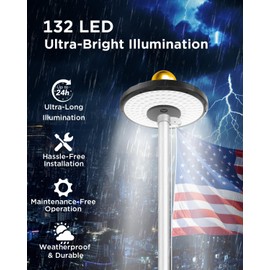 Flag Pole Light Solar Powered, 132 LED Ultra-Bright Flag Light with 2600mAh Rechargeable Battery Waterproof IP65, 3 Brightness Levels, Auto On/Off Dusk to Dawn, Solar-Powered for 15-25 Ft Flagpoles