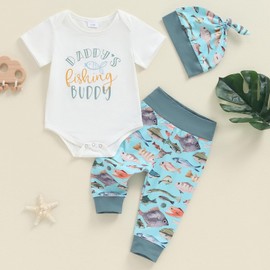 MBMSHEGH Newborn Baby Boy Clothes Short Sleeve Romper Fish Print Pants Hat Sets 3Pcs Coming Home Fall Outfit (A-Blue, 3-6 Months)