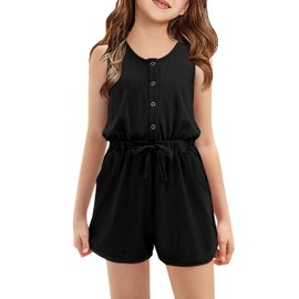 Fashare Girls Summer Rompers Button Down Sleeveless Scoop Neck One Piece Jumpsuit Adjustable Waist Shorts with Pockets