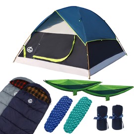 Northroad 9PCS Camping Tent Kit, Including 1 2/3 Person Dome Tent, 2 Sleeping Bag, 2 Sleeping Pad/Camping Mat, 2 Single Camping Hammock with 2 Tree Straps, 2 Lightweight Fuzzy Bed Blanket
