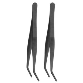 sourcing map 2pcs Stainless Steel Tweezers 6.3 Inch Long Curved Serrated Tip Tweezers Multi-Purpose Kitchen Tongs for Cooking Gardening Repairing Craft, Black