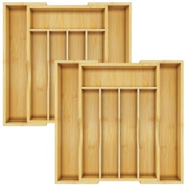 BAMBUROBA Bamboo Kitchen Drawer Organizer,Expandable Silverware Organizer,2 Pack Utensil Holder and Cutlery Tray with 7 Slots,Gadgets Storage Divider,Natural