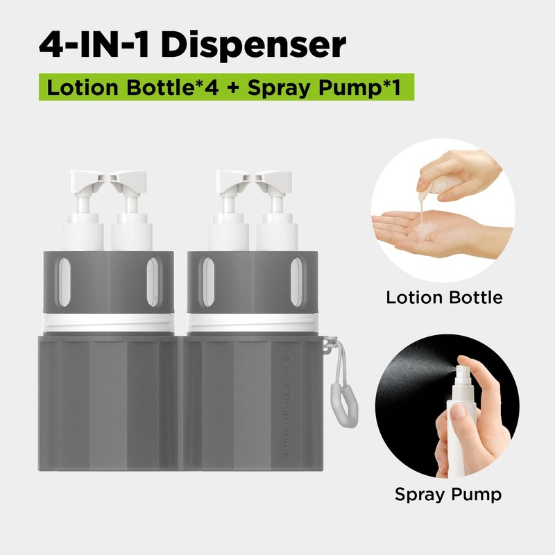 4 in 1 Travel Dispenser Bottle, TSA Approved Refillable Shampoo