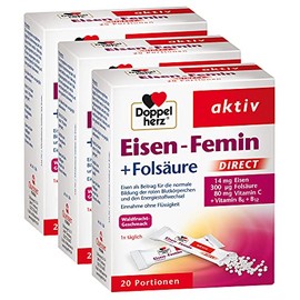 Doppelherz Eisen-Femin Direct with Vitamin C + B6 + B12 + Folic Acid – 14 mg Iron for Normal Red Blood Cell Formation - 3 x 20 Portions of Micro-Pellets