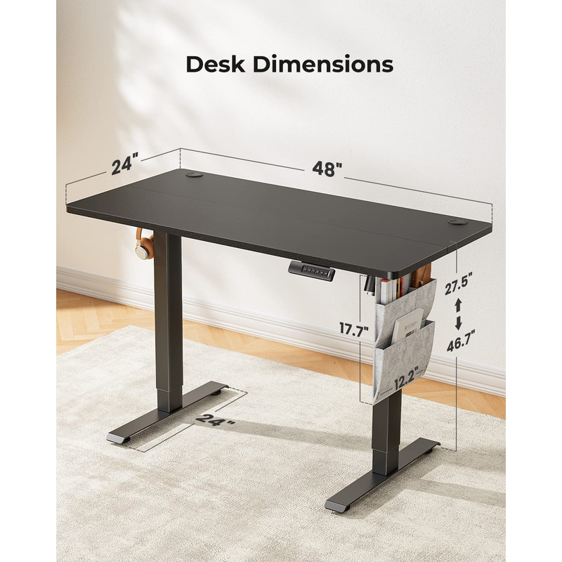 Marsail Electric Adjustable Height Standing Desk with Storage Bag, 48