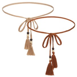 Classicseali 2PCS Rope Belt Women,Vintage Woven Tie Belts for Women, with Tassels and Wooden Beads, Bohemian Belt, for Dresses, Overalls, Skirts, Shorts, Jumpsuits