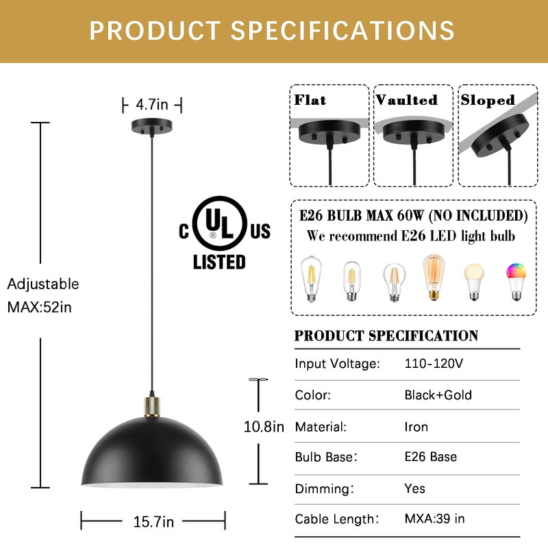 Karjearl Black Pendant Light Fixtures, 15.7 Inch Large Dome Pendant