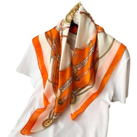 Plus Nao Women's Scarf, Square, 27.6 inches (70 cm), 27.6 inches (70 cm), Silk Style, Spring, Autumn, Thin, Stylish, Elegant, Sunscreen Protection, UV Care, Variety of Designs - Bear x Orange, Bear x