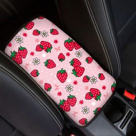 FUIBENG Auto Center Console Pad,Soft Waterproof Car Center Console Cover Auto Armrest Seat Box Cover Protector for Most Vehicle SUV Truck Car, Pink Strawberry