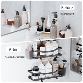 Shower Caddy, 2-Pack Adhesive Shower Organizers Shelves, No Drilling Rustproof Stainless Steel Shower Storage Rack with Hooks&Toothpaste Holder for Inside Shower & Bathroom Organizer, Black