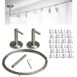 QQ-OUTLET WirePro Curtain Wire Rod Set Stainless Steel, Multi-Purpose, 16.5' Wire, 2 Mounting Pieces, 24 Clips