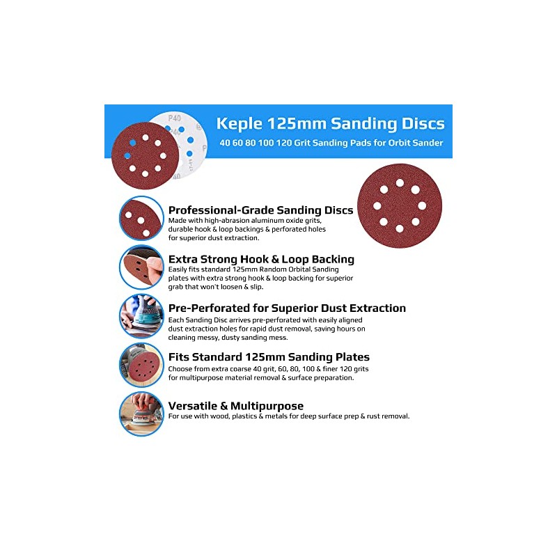 Keple Sanding Discs 125mm - Velcro Backing, Round Sandpaper Set,