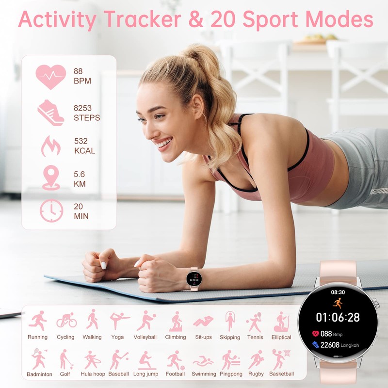 Erkwei Smartwatch Bluetooth Calls Women's Watch Fitness Watch Pedometer for