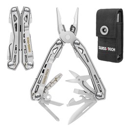 SWISS+TECH Multi-functional Pliers, Outdoor Multi-Tool, 16-in-1 Multiplier, Survival Tool, Equipped with Locking Function, Cutter, Saw, Bottle Opener, File, Outdoor, DIY, Mountain Climbing, Camping, Repair, Disaster Prevention, Fishing, Silver
