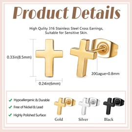 Sanfenly 3Pairs Stainless Steel Hypoallergenic Cross Earrings Set for Women Men - Tiny Simple Studs, Comfortable Daily Wear - Gold Tone/Black/Silver Tone