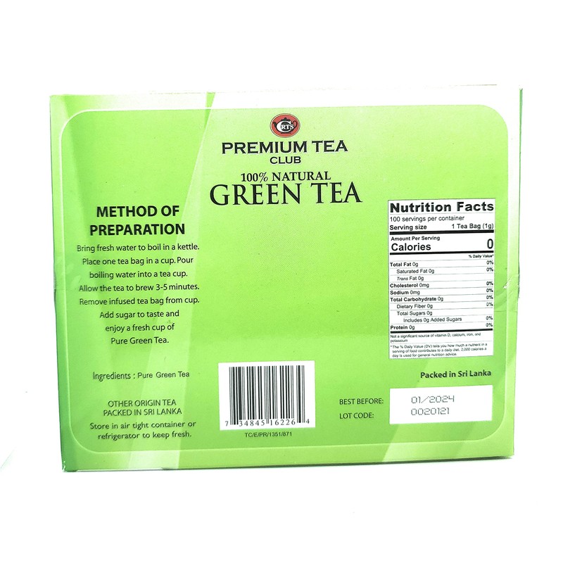 Green Tea - 100% Natural, 100 bags,(Ceylon Tea Club)