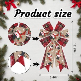 Blinket 2pcs Snowman Bow Christmas Bows for Wreath, 8.46 inch × 12.99 inch Red Beige Bow with Festive Snowman Design, Wired Craft Bow for Holiday Tree Topper, Front Door, Indoor Decor