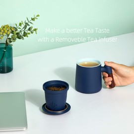 ZENS Tea Mug with Infuser,13.5 Ounce Stoneware Glazed Ceramic Tea Cup with Lid and Rosewood Handle for Steeping Loose Leaf Tea,Navy Blue
