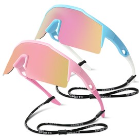 Tobriavor Pack of 2 Sunglasses Children Teenagers Polarised UV400 Ultraviolet Fast Glasses Cycling Glasses Teens Sports Glasses Cycling Sunglasses for Boys Girls 4-15 Years, Pink and blue