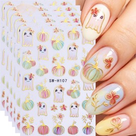 6 Sheets Halloween Nail Art Stickers Colorful Pumpkin Ghost Nail Decals Gold Foil Edge Nail Art Design Manicure Sliders Cute 3D Self-Adhesive Halloween Nail Supplies for Women Girls Nail Decoration