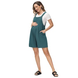 Maacie Maternity Jumpsuit Short Linen Adjustable Straps Casual Summer Jumpsuit Sleeveless with Pockets, Green