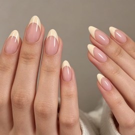 Floruvia 24 pezzi Unghie Press On Corte a Mandorla, Unghie Finte French Tip Giallo Burro, Unghie da Incollare Riutilizzabili per Manicure da Donna (Latticello)