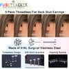 PunkTracker 5 Pairs Threadless Cubic Zirconia Stud Earrings for Women