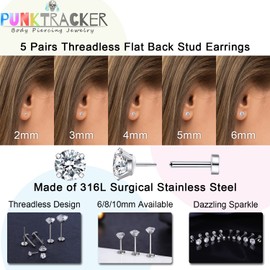 PunkTracker 5 Pairs Threadless Cubic Zirconia Stud Earrings for Women Men Hypoallergenic Flat Back Surgical Stainless Steel Cartilage Helix Conch Tragus Earrings, 2-6mm
