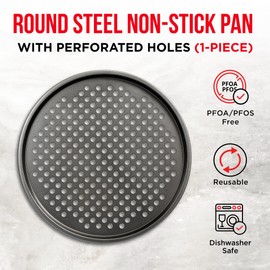 Bakken- Swiss Non-Stick Pizza Pan with Holes - 13-Inch Perforated Pizza Crisper Carbon Steel Pizza Pan - 1 Round Pizza Trays with Silicone Handles PFOA PFOS and PTFE Free