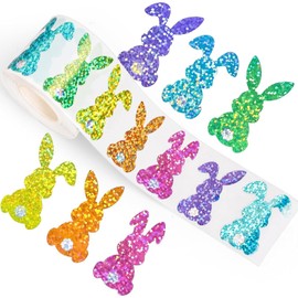 500 Pcs Easter Bunny Stickers, 1.5 Inches Easter Label Stickers Colorful Glitter Bunny Decals for Kids Cute Rabbit Shape Labels for Envelope Card Basket Eggs (6 Color)