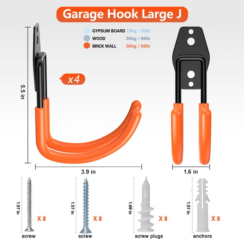 HUPBIPY Heavy Duty Garage Hooks 4 Pack, J Shaped Hanger,
