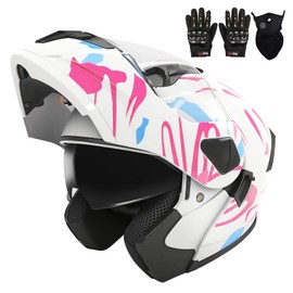 Adult Modular Motorcycle Helmets, DOT Approved Flip up Dual Visor Full Face Helmet for Men Women Moto ATV UTV Snowmobile ADV Four Wheeler Street Bike with Gloves & Mask (Pink Blue White, L)