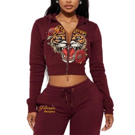 Glitrandi Womens 2 Piece Outfits Fashion Print Cropped Hoodies Jacket Sweatpants With Pockets Tracksuit For Women