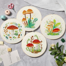 Bonroy 4 Sets Embroidery Kit for Beginners with Instructions,Cross Stitch Kits for Adults with Pattern,Needlepoint Kits for Adult Include Embroidery Cloth Hoops Needles Threads(Mushroom)