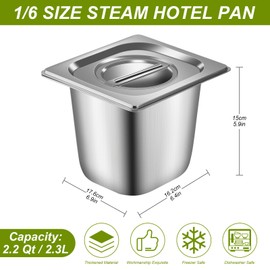 1/6 Size 8 Pack Stainless Steam Hotel Pan with Lids, 6" Deep 1.2 mm Thick Stainless Steel Jam Steam Pan, Steam Table Pan for Restaurant, Hotel, Party