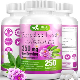 FRESHDRINKUS, 250 Banaba Capsules| High Potency Standardized| 100% from Natural Banaba Leaves Extract| 350mg per Capsule| 350mg per Serving| 250 Days Supply| Vegan Capsules| Non-GMO, Gluten-Free