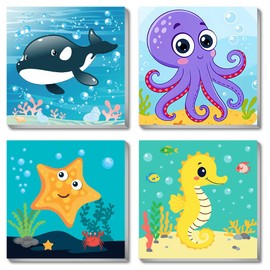 Canrichshop 4 Pack Framed Paint by Numbers Kit for Kids 8-12,Easy Kids Paint by Number Beginner,Cute Sea Animals Painting Kits for Ages 4-6,DIY Acrylic Oil Painting Kid for Wall Decor 8X8in