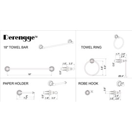 Derengge F-080-BN 4-Piece Bathroom Hardware Accessory Set with 18 Inch Towel Bar -Towel Ring- Paper Holder-Robe Hook Brush Nickel