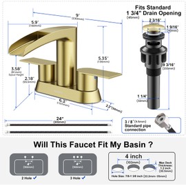 Bathroom Sink Faucet for 3 Hole, Hurran 4 Inch Faucets with Pop-up Drain, Stainless Steel 2-Handle Waterfall Faucet for Bathroom Sink, Brushed Gold