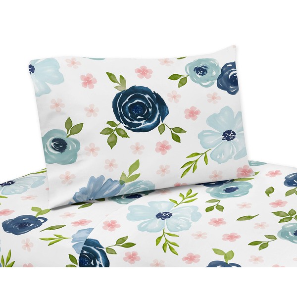 Sweet Jojo Designs Navy Blue and Pink Watercolor Floral Twin Sheet Set - 3 Piece Set - Blush, Green and White Shabby Chic Rose Flower