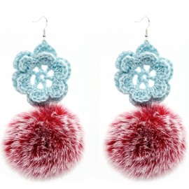 Janyii Rainbow Crochet Spiral & Multicolor Furry Pom - Pom Dangle Earrings for Fashion - Forward Women (Flower-Wine Red)