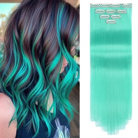 Rose bud Coloured Hair Extensions Clip in 10 pcs Straight Synthetic Hairpieces Highlights 21 Inch Crystal Green Clip on Hair Extension for Women Girls Christmas Party