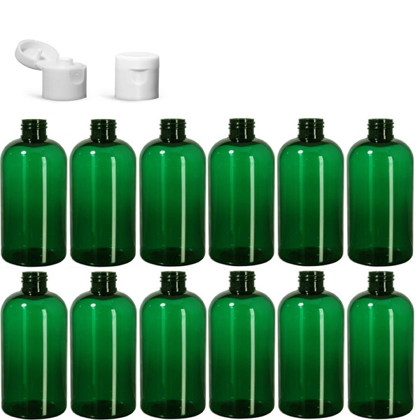 8 Ounce Boston Round Bottles, PET Plastic Empty Refillable BPA-Free, with White Flip Up Snap Top Caps (Pack of 12) (Green)