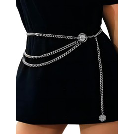 Ammiko Multi-layered Fashion Chain Belt for Women Silver Waist Belts for Dresses Jeans Country Concert Outfit Silver