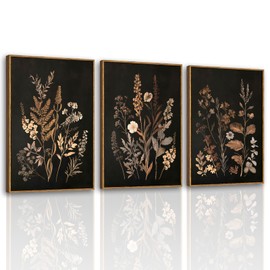 VIYYIEA Large Framed Canvas Wall Art, 3 Pcs,16x24inch, Botanical Floral Black Decor for Living Dining Room Above of Bed, Vintage Rustic Boho Dark Moody Decor, Set of 3
