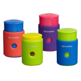 Swordfish ‘Click Click’ Pencil Sharpener with Mess-Free Canister [Pack of 1] Assorted Colours [40331], Yellow,Blue,Green,Pink